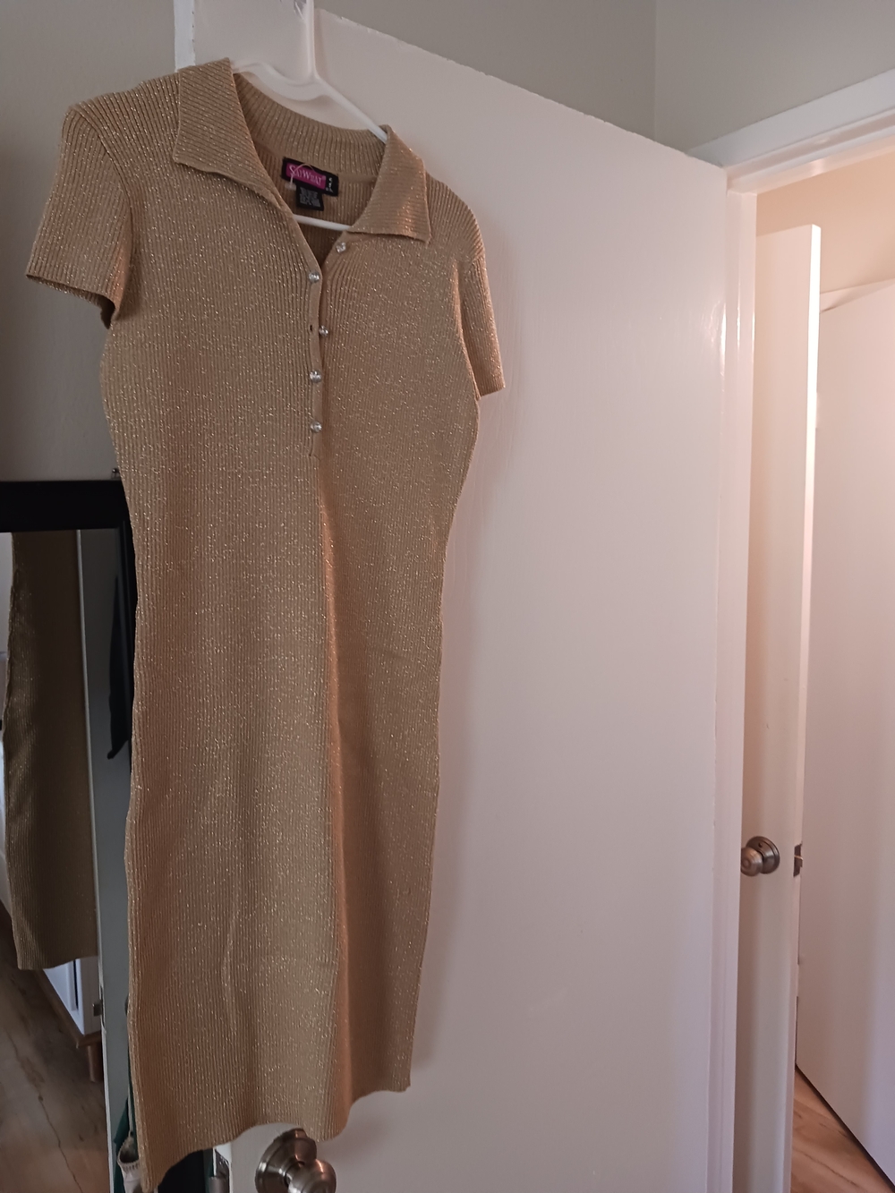Say What? Metallic Gold Short-Sleeve Knit Midi Dress with Collar